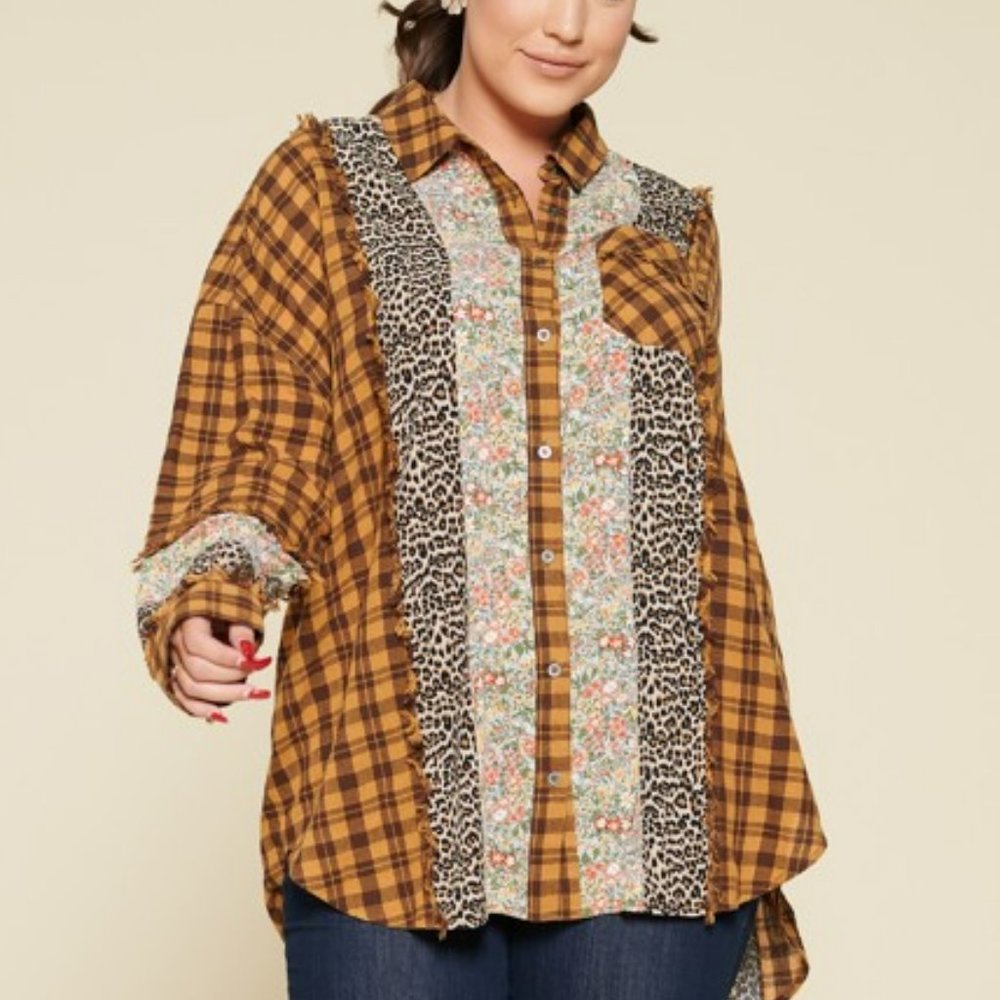 NWT Oddi Plaid Oversized Floral And Animal Print Plus Shirt